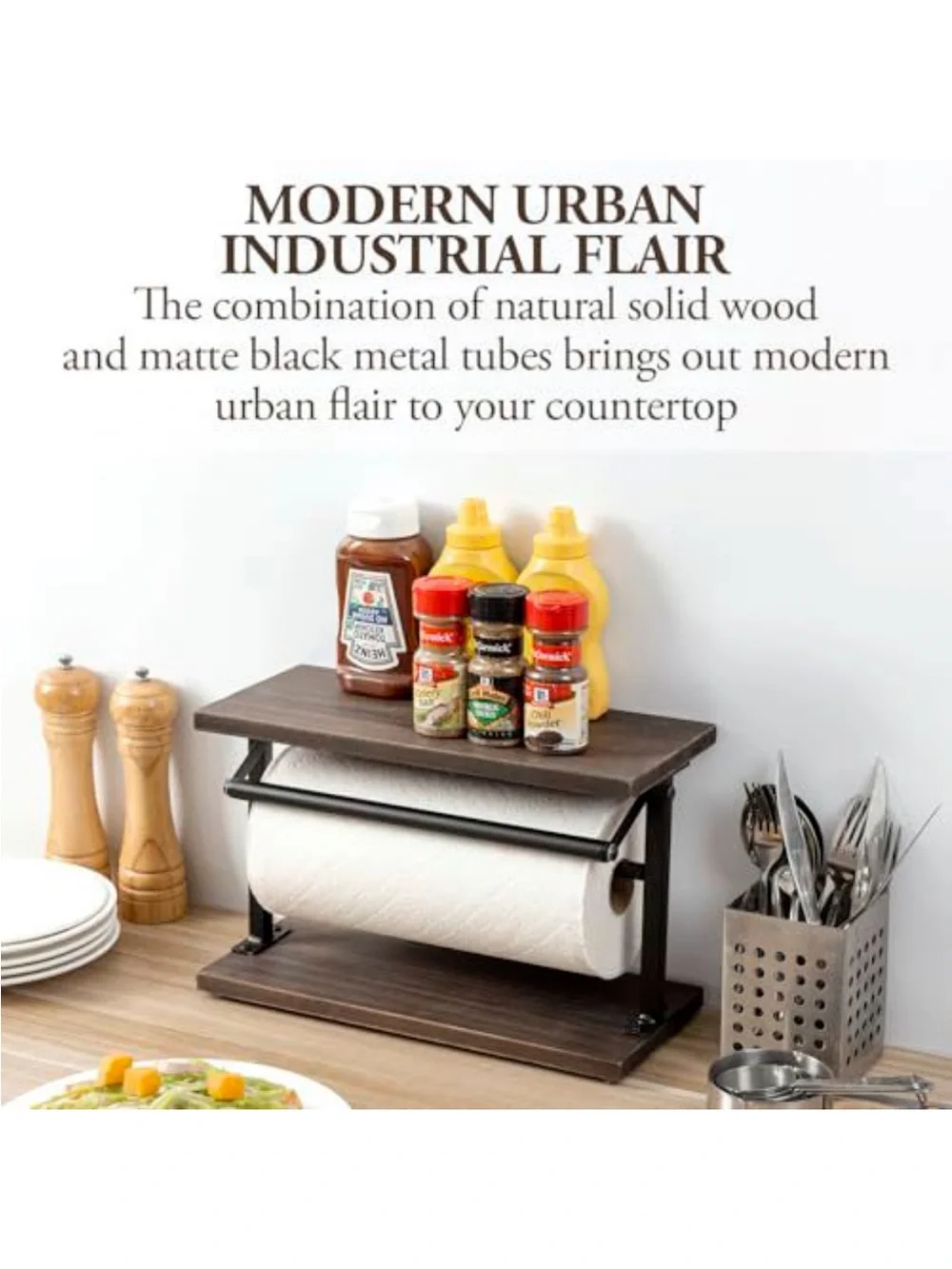 Rustic Wood and Black Metal Paper Towel Holder with Shelf